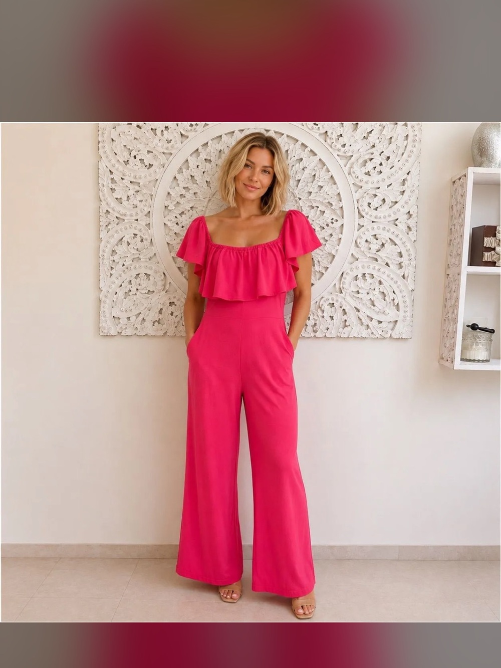 Women’s Off-Shoulder Ruffle Jumpsuit - Bright Pink